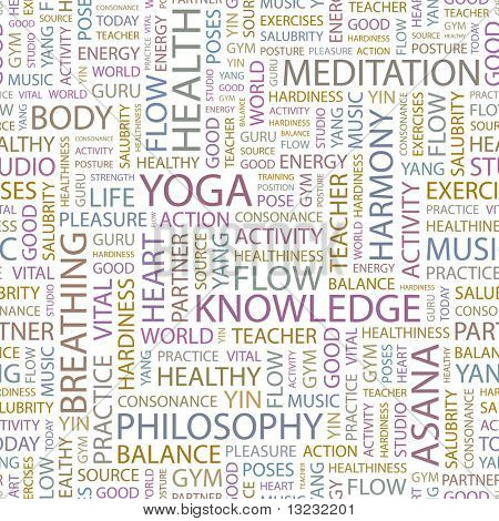 YOGA. Seamless vector background. Wordcloud illustration.