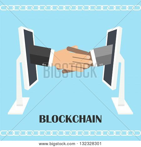 Handshake from computer screen. Vector illustration of blockchain technology secure e- business digital finance operations e-commerce.