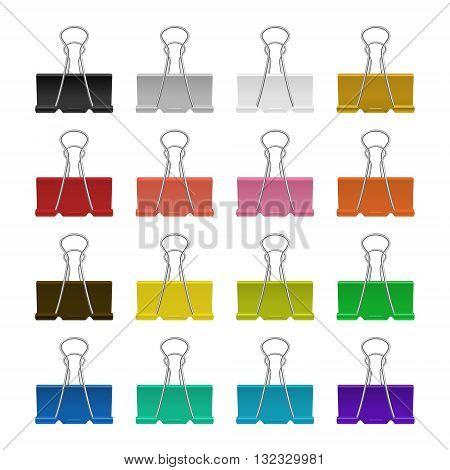 Set of multicolor binder clips, isolated on a white background. Vector EPS10 illustration.