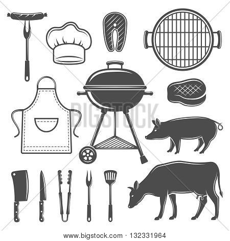 BBQ decorative graphic flat icons set with grill cooking tools cow pig apron cap isolated vector illustration