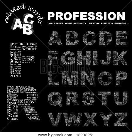 PROFESSIONE. Collezione di lettera del vettore. Wordcloud illustrazione.