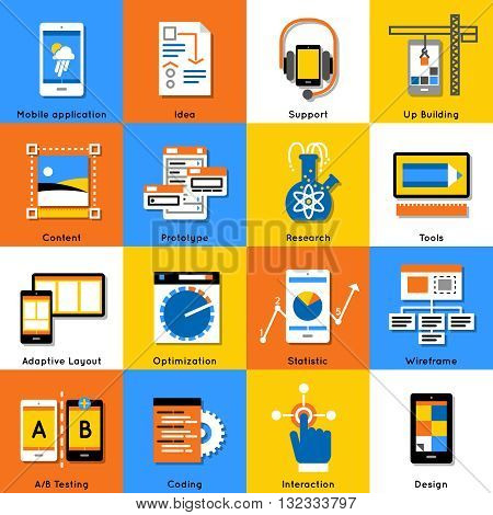 Mobile application flat icon set with description of mobile application idea support research content prototype and ext vector illustration