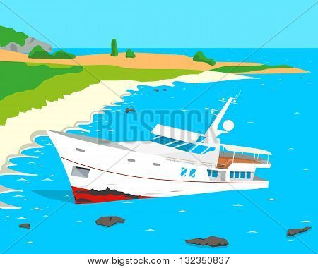 Due to the negligence of the captain of a tourist ship ran aground. Vector illustration
