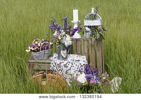 Decoration in rustic style. Decorative scenery in summer.