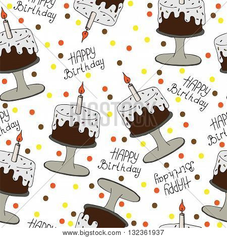 Happy Birthday seamless pattern with cake and candle. Isolated greeting card Happy Birthday. Seamless vector pattern for banner card invitation textile fabric wrapping paper.