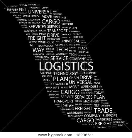 LOGISTICA. Collage di parola su sfondo nero. Illustrazione con termini differenti associazione.