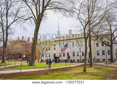 University Hall And John Harvard Statue In Harvard University