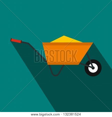 Wheelbarrow with sand icon in flat style on a blue background