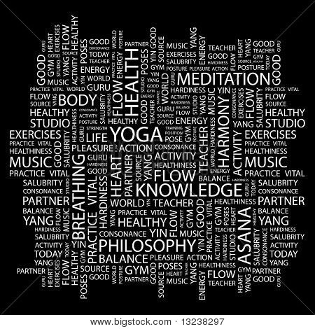 YOGA. Word collage on black background. Illustration with different association terms.