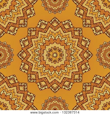 Oriental yellow pattern of mandala. Vector seamless orange background. Template for textile carpet wallpaper coverlet shawls.