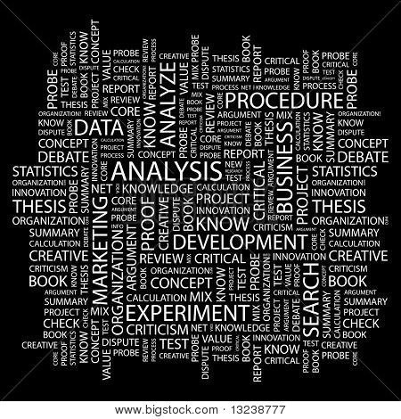 ANALYSE. Wort-Collage auf schwarzem Hintergrund. Abbildung mit verschiedenen Verband Bedingungen.