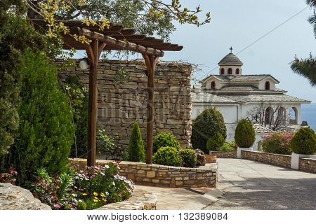 Panoramic view of Archangel Michael Monastery in Thassos island, East Macedonia and Thrace, Greece