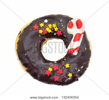 chocolate donut with redyellow stars isolated on white background