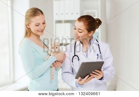 medicine, pet, health care, technology and people concept - happy woman and veterinarian doctor with tablet pc computer checking scottish fold kitten up at vet clinic