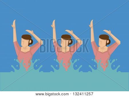 Vector illustration of a group of cartoon women swimmers in water doing synchronized swimming.