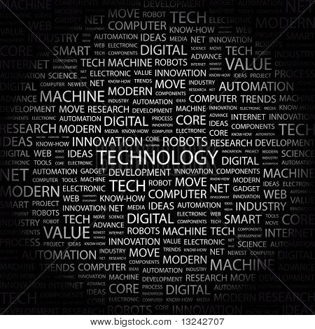技術。コラージュは、黒の背景に単語します。異なる関連付け用語の図。