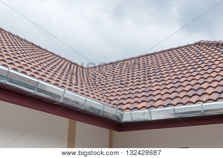 Gutter Roof On House In Rainy Day