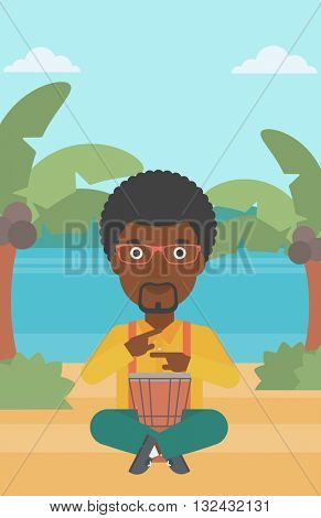 An african-american man playing tomtom on the background of tropical beach with palm trees and the sea vector flat design illustration. Vertical layout.