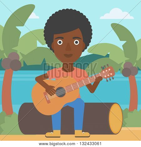 An african-american woman sitting on a log and playing a guitar on the background of tropical beach with palm trees and the sea vector flat design illustration. Square layout.