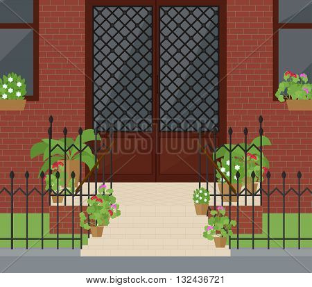 Flat vector illustration of facade doors with stairs door door with stairs entrance door beautiful door