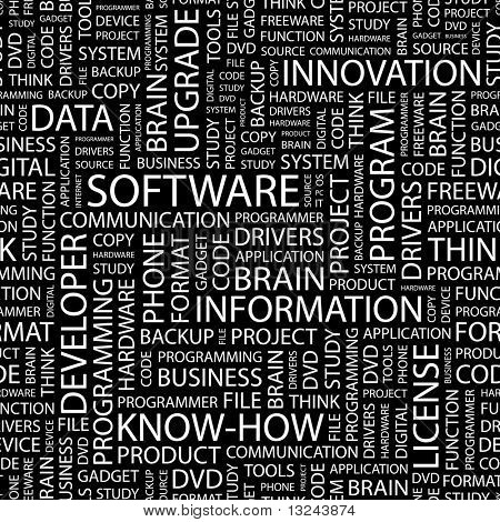 SOFTWARE. Word collage on black background. Illustration with different association terms.