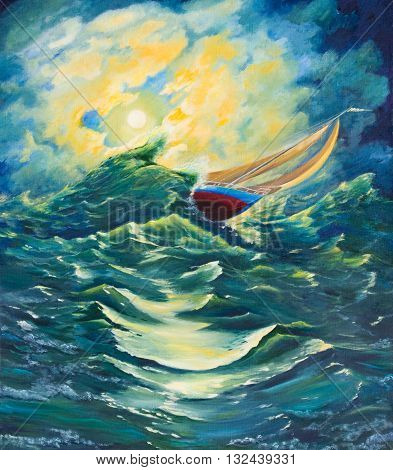 Sailing yacht in a stormy sea .Oil painting on canvas