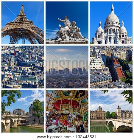 Collage of some pictures of different landmarks in Paris, France such as the Eiffel Tower, the Basilica of the Sacred Heart, some bridges above the Seine River and some other