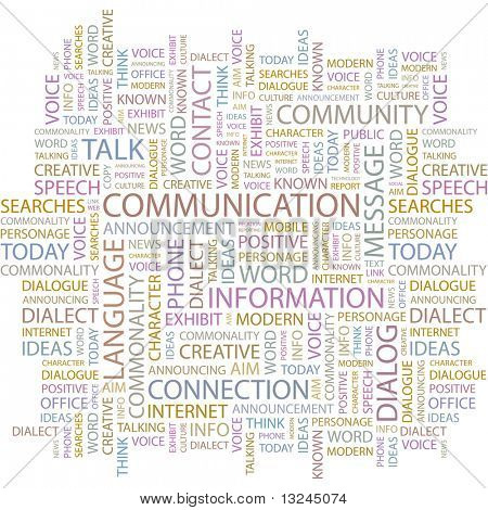 COMUNICAZIONE. Collage di parola su sfondo bianco. Illustrazione con termini differenti associazione.