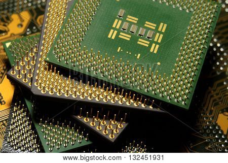 Stack of CPU processor and Circuit board / Motherboard. Electronic computer hardware technology. Motherboard digital chip. Tech science. Information engineering component.