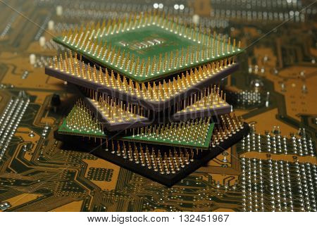 Stack of CPU processor and Circuit board / Motherboard. Electronic computer hardware technology. Motherboard digital chip. Tech science. Information engineering component.