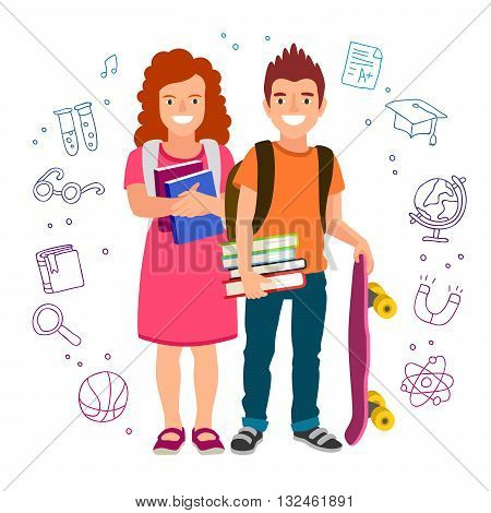 Girl and boy with book and skateboard. Students with backpacks. The concept of school education. Vector illustration on a white background with school icons. Back to school.