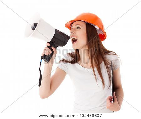 Young female construction superintendent with megaphone and clipboard on a white background.
