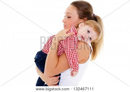 Mother with small resentful baby on a white background.