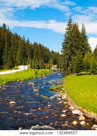 River flows through mountain landscape with coniferous tree forest, green meadows on sunny summer day under the blue sky and white clouds. Roklansky brook, Sumava National Park, Czech Republic