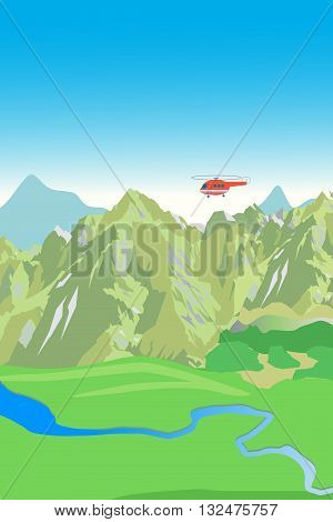 Mountain Range And Rescue Helicopter. Vector Background. Mountain View. Mountain Creek.