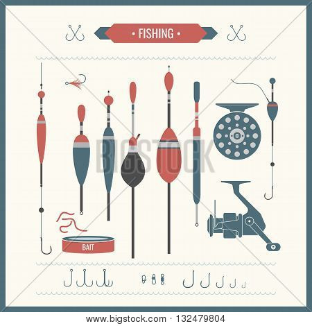 Set of vector Fishing tackle in flat style. Fishing reel hooks float lures bait. Elements Icons and illustrations for design website infographics posters and advertising on a light background
