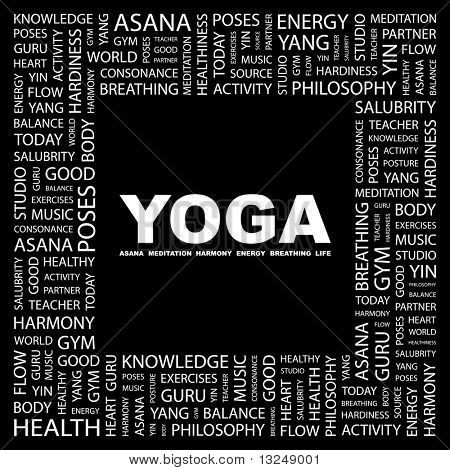 YOGA. Word collage on black background. Illustration with different association terms.