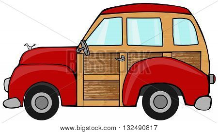 Illustration of an old red woody station wagon.