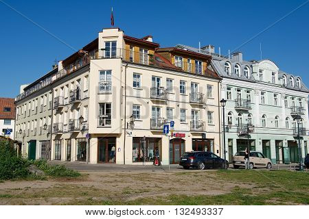 VILNIUS, LITHUANIA - MAY 24, 2016: View to the historical building of Barbacan apartments hotel in downtown Vilnius, Lithuania.