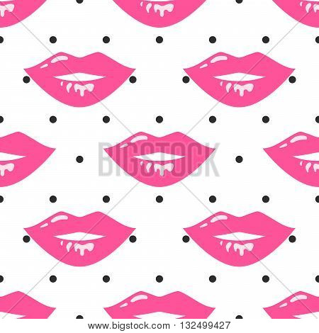 Pin up girl style wet lipstick lips seamless vector pattern. Rose hot pink and black colors on polka dot white background. Pop art retro style.