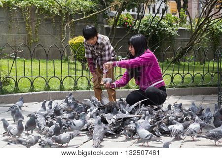 La Paz, Bolivia - October 24, 2015: People feeding pidgeon on Plaza Murillo.