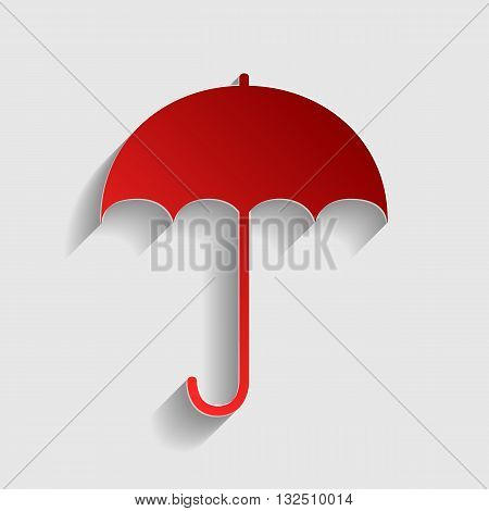 Umbrella sign icon. Rain protection symbol. Flat design style. Red paper style icon with shadow on gray.