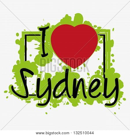 Print with lettering I love Sydney and green paint splashes on grey background. Pattern for fabric textiles clothing shirts t-shirts. Vector illustration