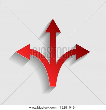 Three-way direction arrow sign. Red paper style icon with shadow on gray.