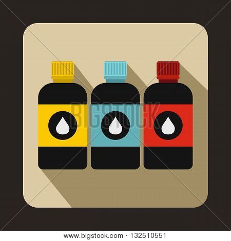Printer ink bottles icon in flat style on a brown background