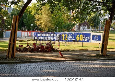 STRASBOURG FRANCE -AUG 20 2015: European Union flag celebration banner in front of the Council of Europe building in Strasbourg France