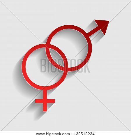 Sex symbol sign. Red paper style icon with shadow on gray.