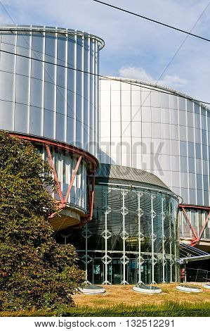 STRASBOURG FRANCE - AUG 20 2015: Side view of European Court of Human Rights building in Strasbourg France. ECHR is a international court established by the European Convention on Human Rights.
