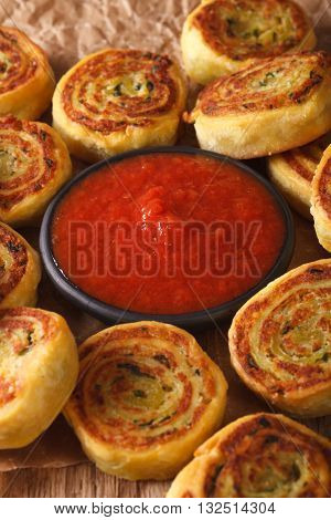 Indian Cuisine: Potato Rolls And Tomato Chutney Close-up. Vertical
