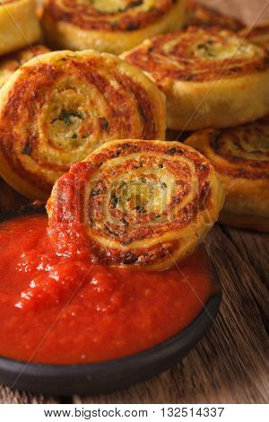 Tasty Sliced Potato Rolls With Tomato Chutney Macro. Vertical
